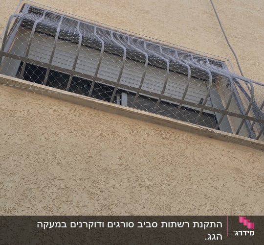 חלון עם רשת למניעת יונים על קיר בניין